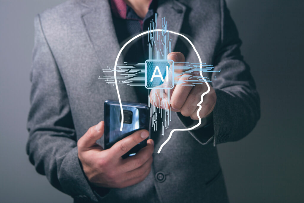 A businessman tapping on an AI symbol, representing AI in HR